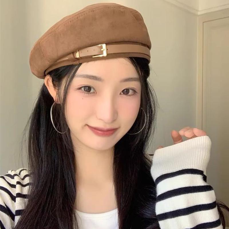 Belted Suede Beret Faux Brown One Size