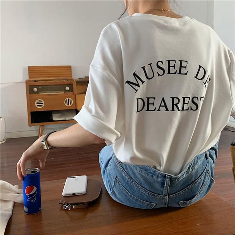 Crew Neck Print T-Shirt Short-Sleeve Lettering White 2XL