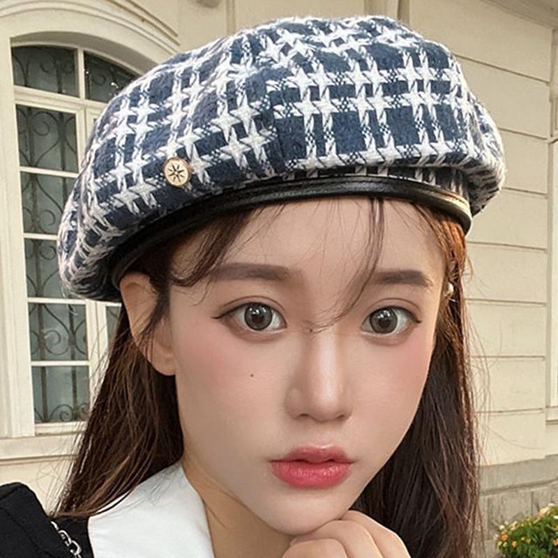 Beret Plaid Hat F660 - Airy Blue One Size