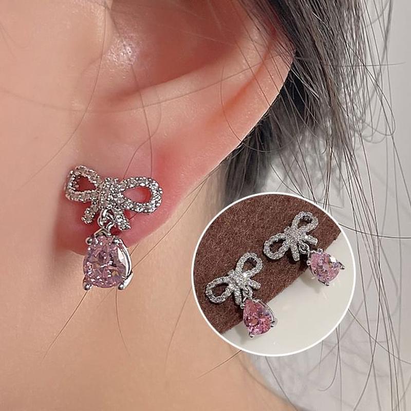 Rhinestone Drop Alloy Bow Earring
