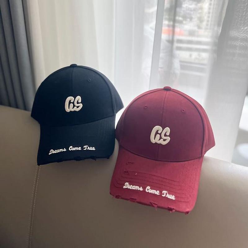 Lettering Cap Embroidered Distressed Baseball Coffee One Size