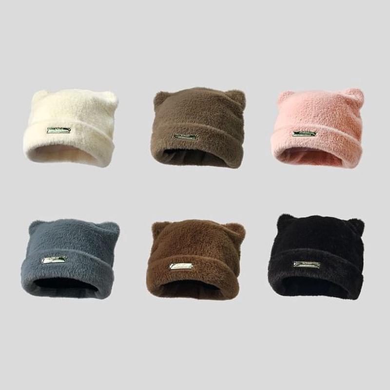 Beanie Ear Cat Knit Applique F1195 - Coffee One Size