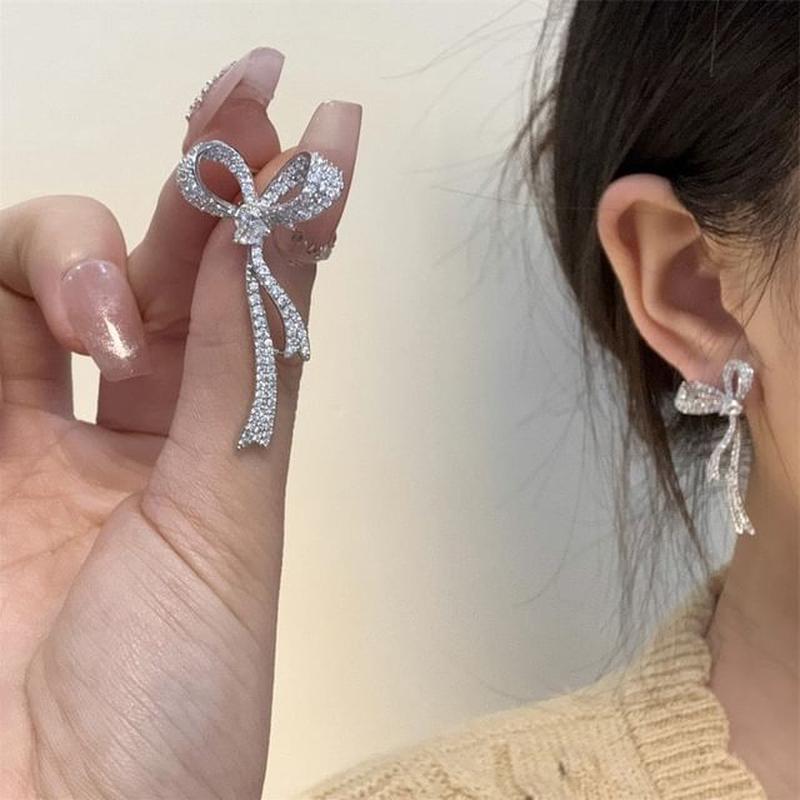 Earring Bow Dangle Rhinestone Alloy