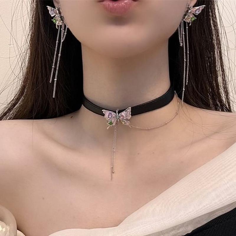 Leather Choker Earring Butterfly Faux Alloy / Threader 1 Pair - Pink & Silver One Size