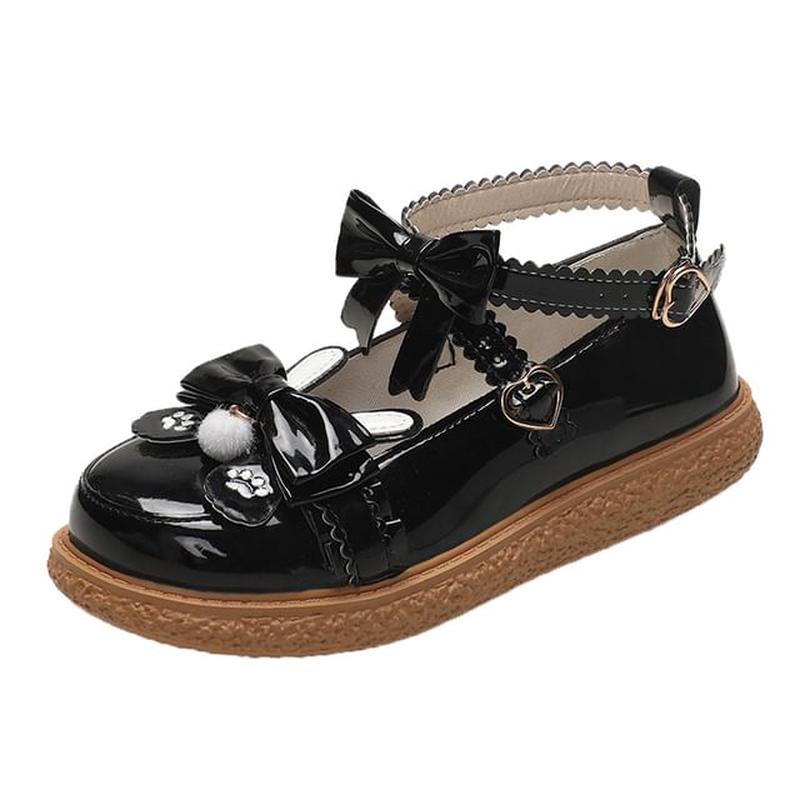 Platform Ankle Paw Shoes Bow Embroidered Jane Strap Mary Black 38