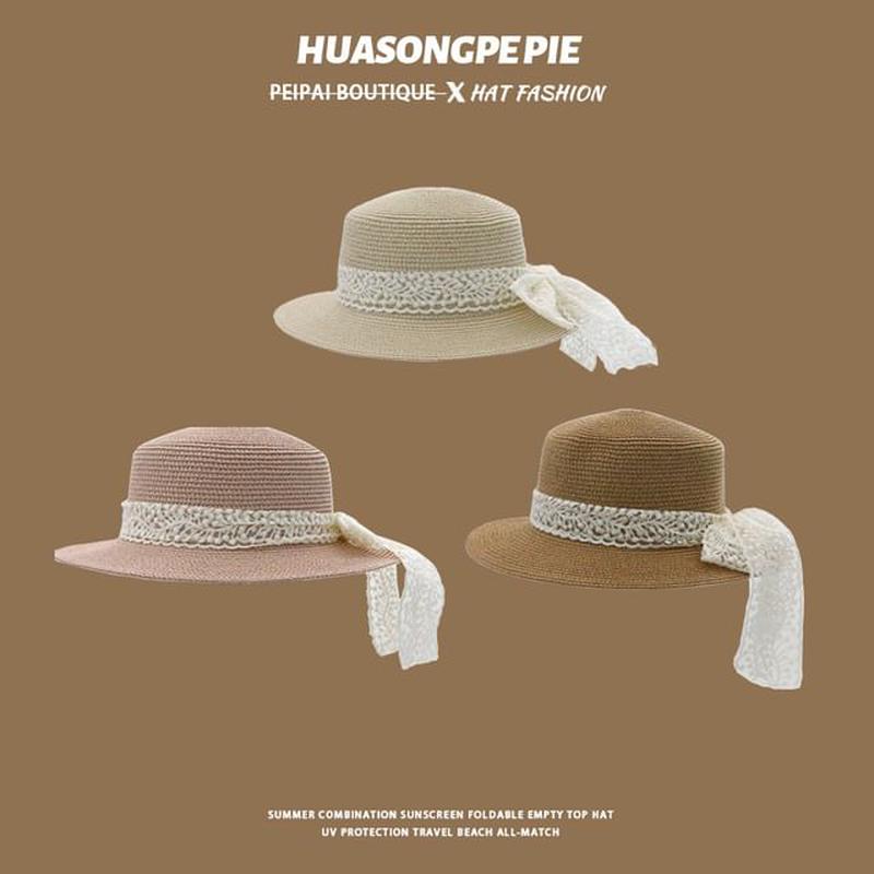 Lace Trim Hat Straw Boater C3986 - Pink One Size