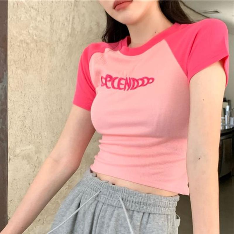 Embroidered Letter T-Shirt Crew Cropped Neck Short-Sleeve Blue XL