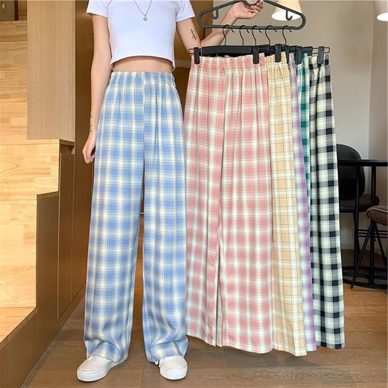 Waist Leg Plaid Pants Elastic Wide Plaid - Blue S