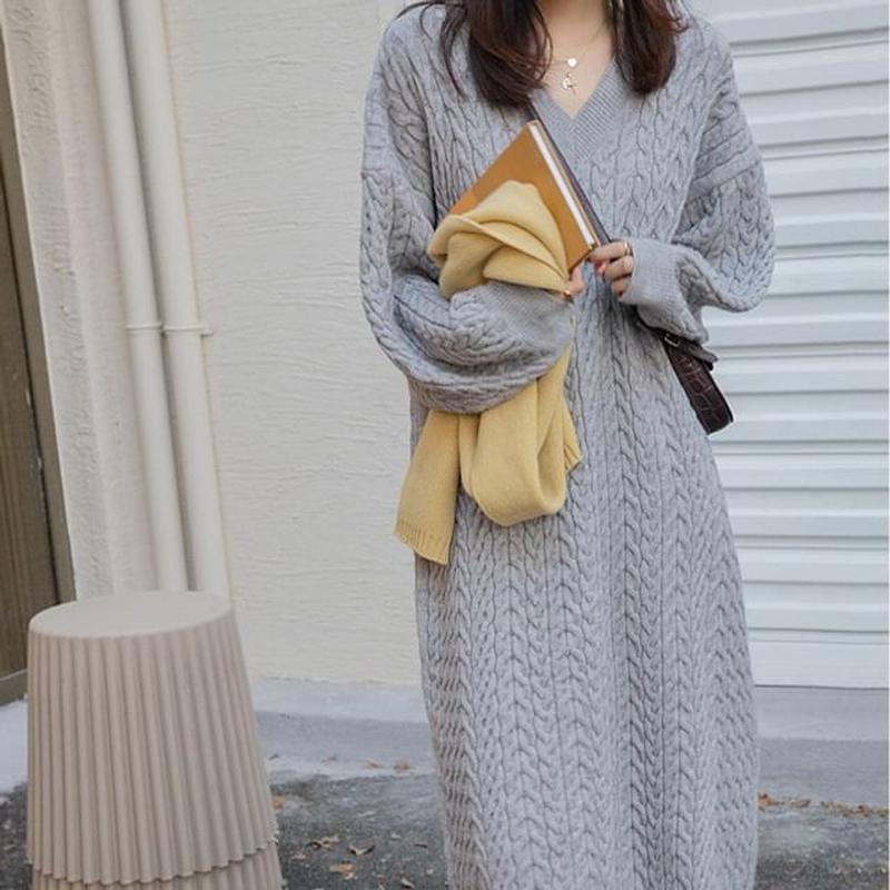 Long-Sleeve Sweater Plain V-Neck Dress Midi Gray One Size