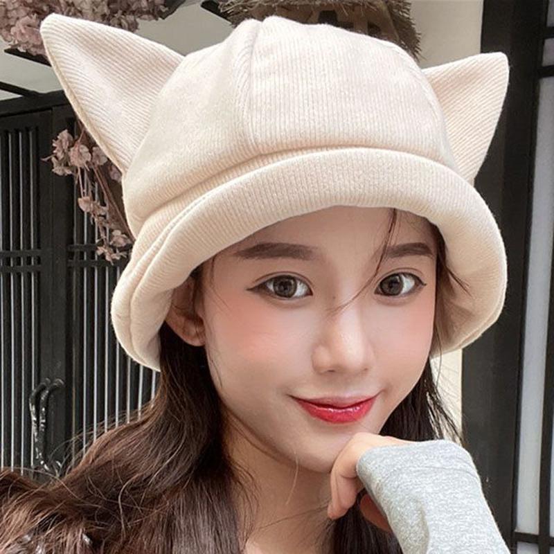 Cat Knit Hat Ear Bucket F661 - Camel One Size