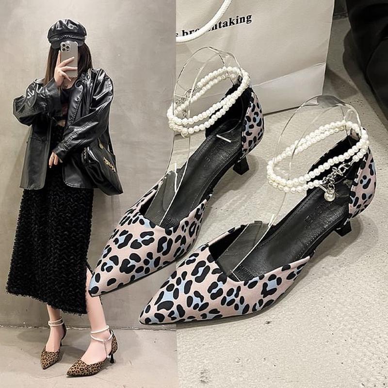 Ankle Sandals Strap Heel Pointed Leopard Print Kitten Leopard - Brown 42