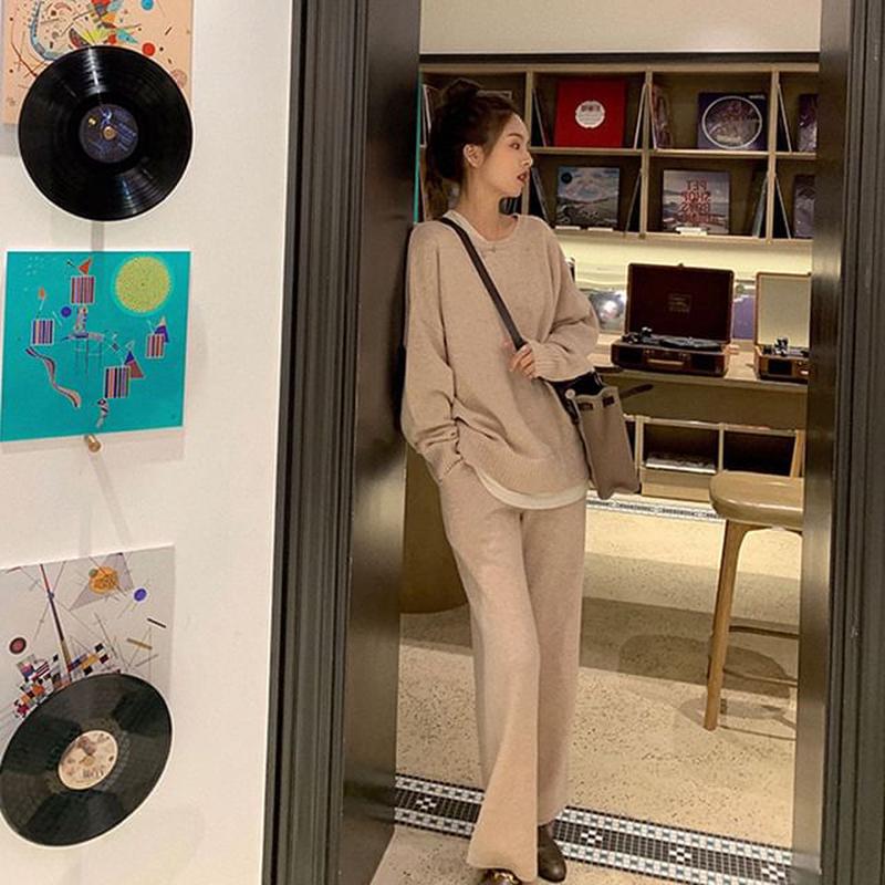 Neck Pants Long-Sleeve High T-Shirt Leg Crew + Set: Two-Tone Waist Wide Pink One Size