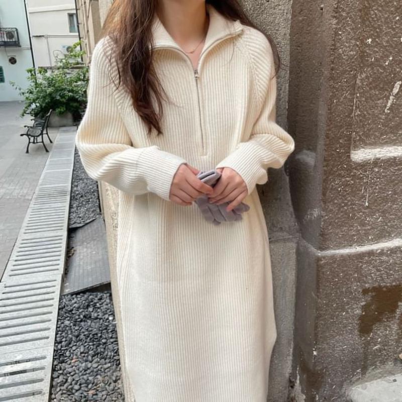 Sweater Midi Plain Half-Zip Long-Sleeve Ribbed Dress White One Size