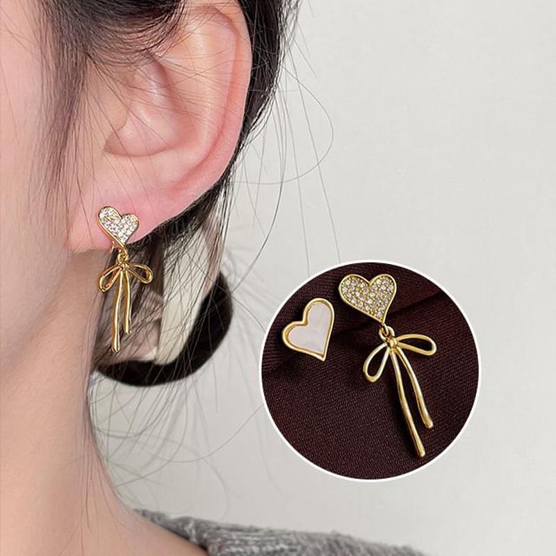 Bow Shell Drop Rhinestone Asymmetrical Alloy Heart Earring