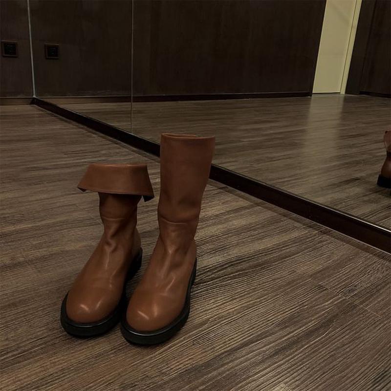 Boots Genuine Mid-Calf Leather Plain Platform Brown 39