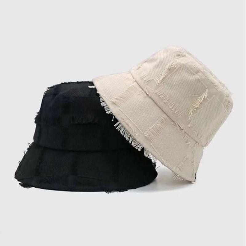 Distressed Frayed Bucket Hat Edge Beige One Size