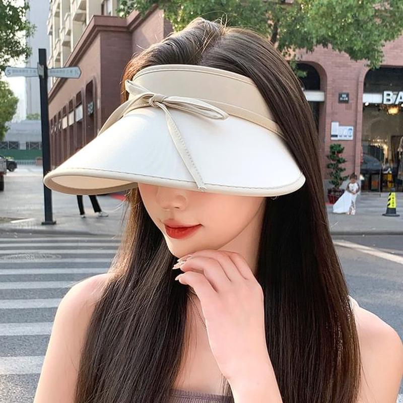 Sun Hat With Visor Decoration Bow D-352 - Adjustable - Khaki Bow - Beige One Size
