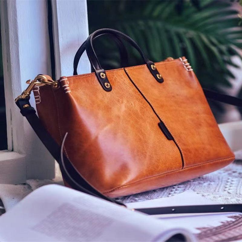 Brown Durable Vintage Leather Handbag Large Tote