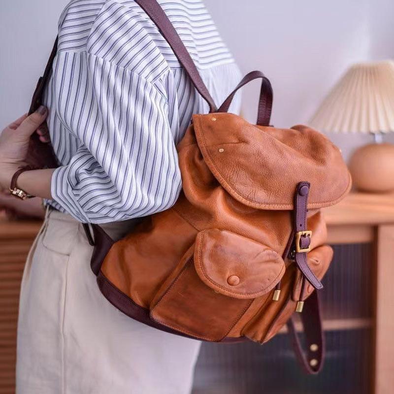 Bag Capacity Large Backpack Pockets DIY Leather Yellow Chocolate