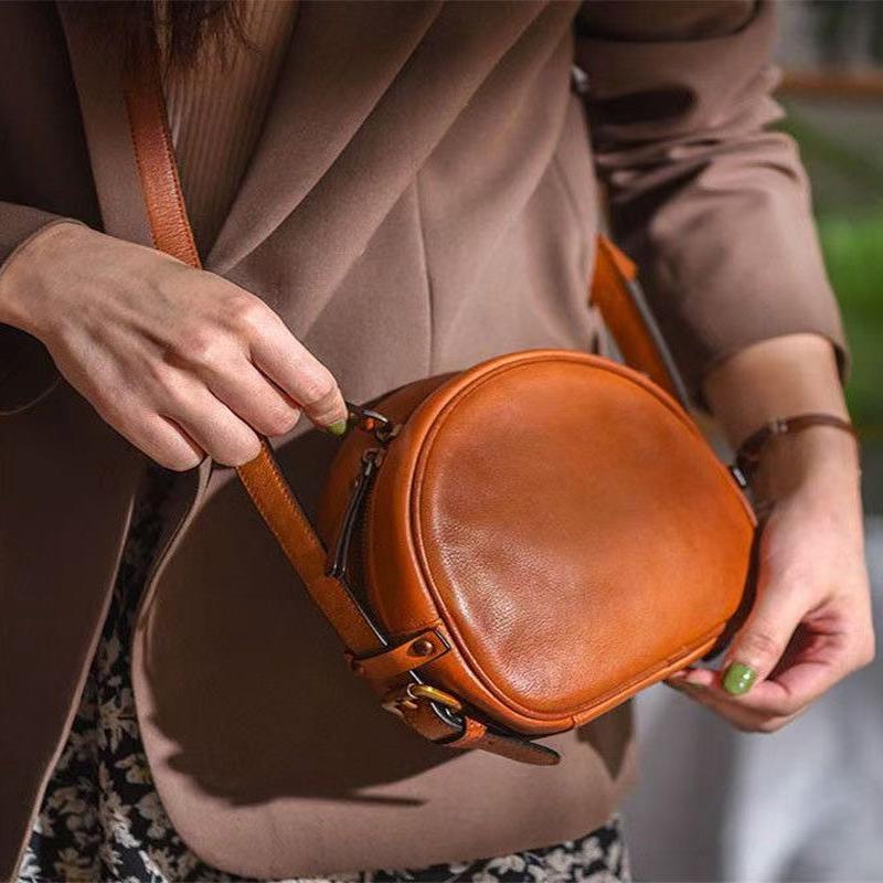 Bag Round Solid Durable Casual Leather CrossBody Brown