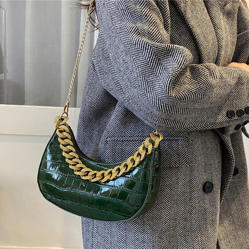 Green Faux Modern Linked Shoulder Bags Leather Chain Red