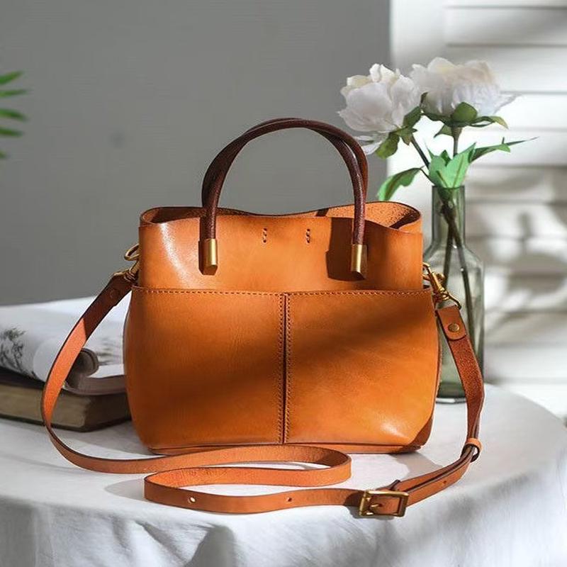 Style Large Durable Leather Orange Handbag Tote Orange