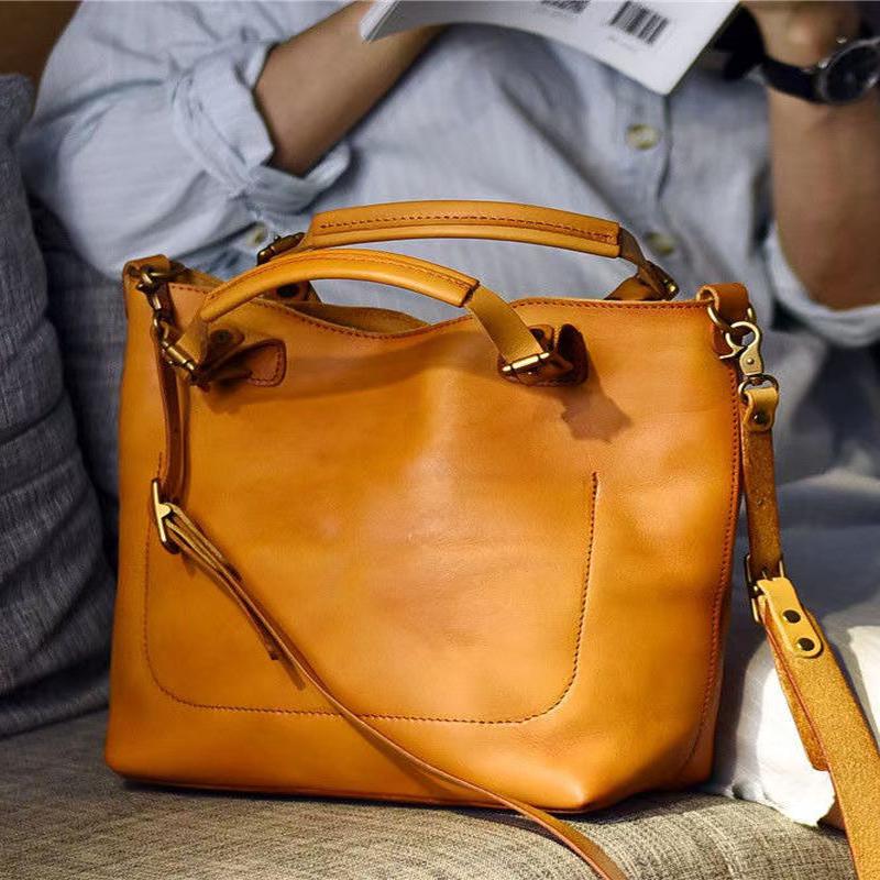 Tote Orange Capacity Handbag Large Leather Women Chocolate