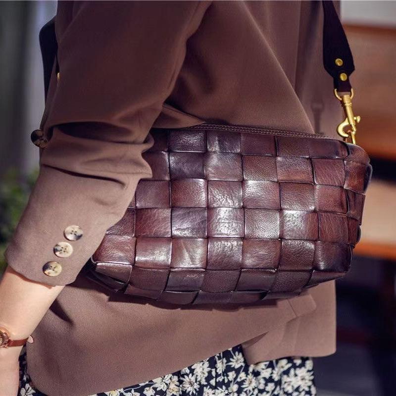 Leather Retro Bags Shoulder Design Weave Orange