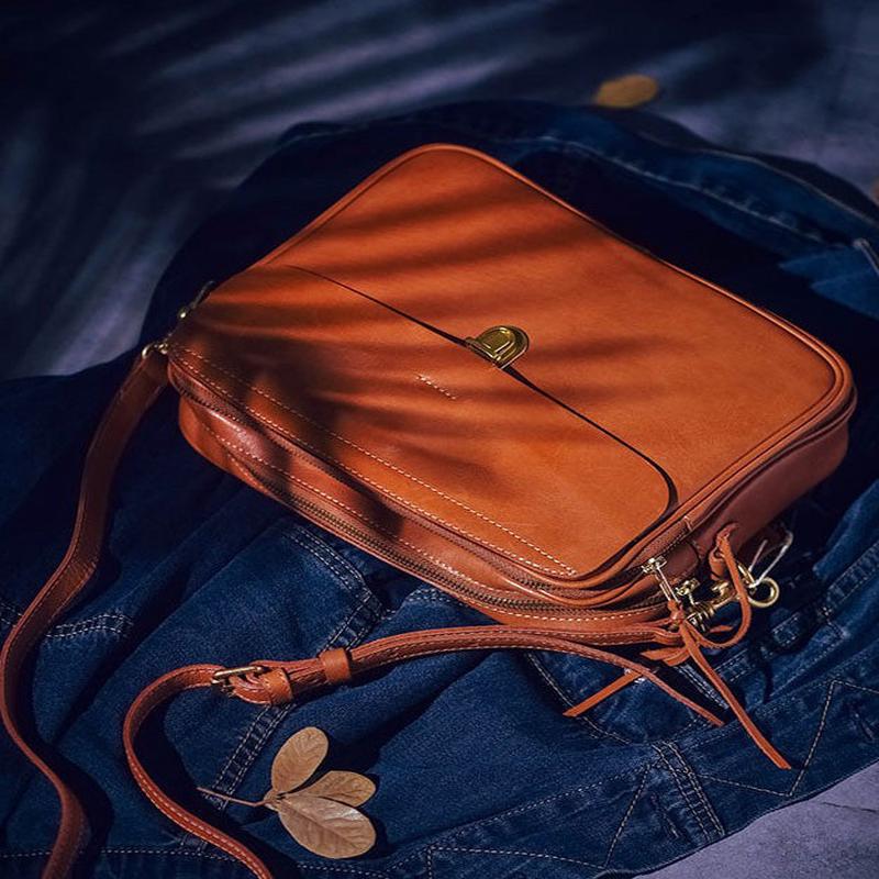 Orange Bag Leather Cross-body Durable Art Versatile Chocolate