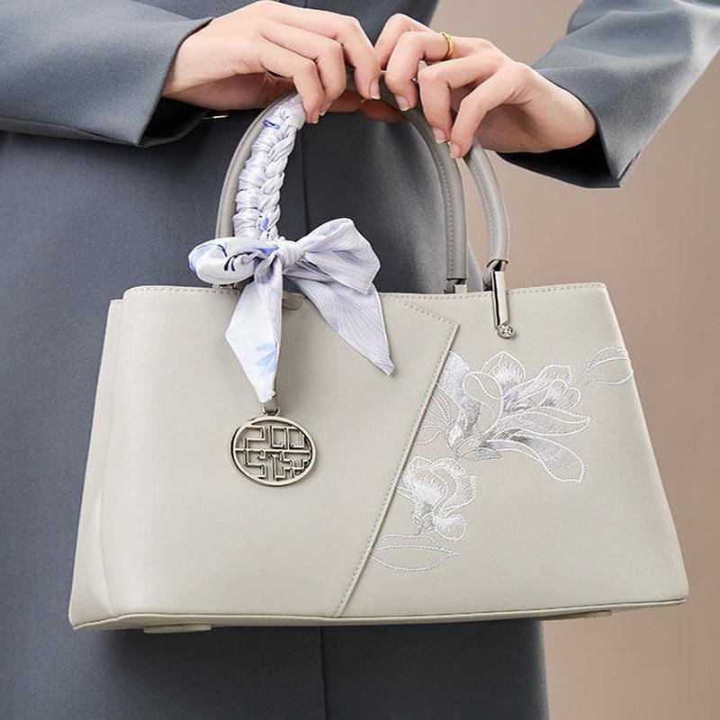 Embroidery Classy Bag Leather Calf Grey Tote