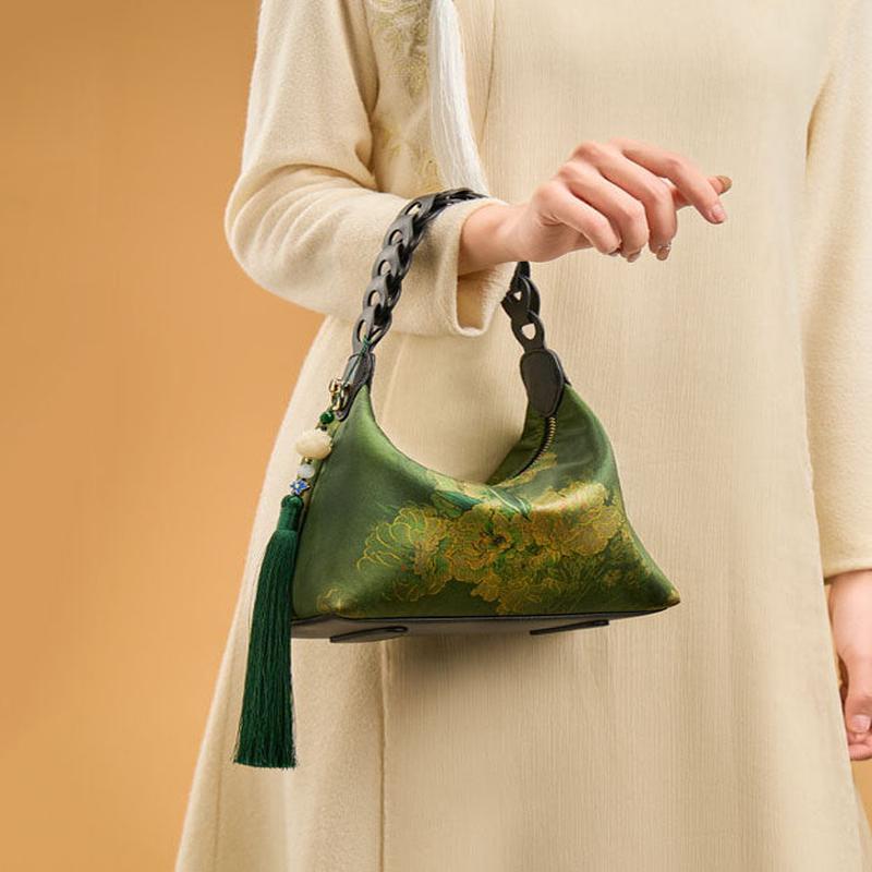 Green Tote Bag Tassel Silk Print New Blackish Retro Blackish Green