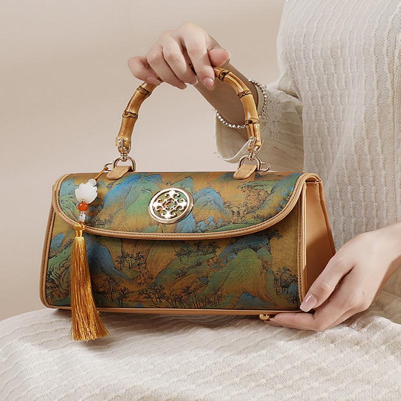 Print New Leather Chinese Tassel Style Bag Calf Tote