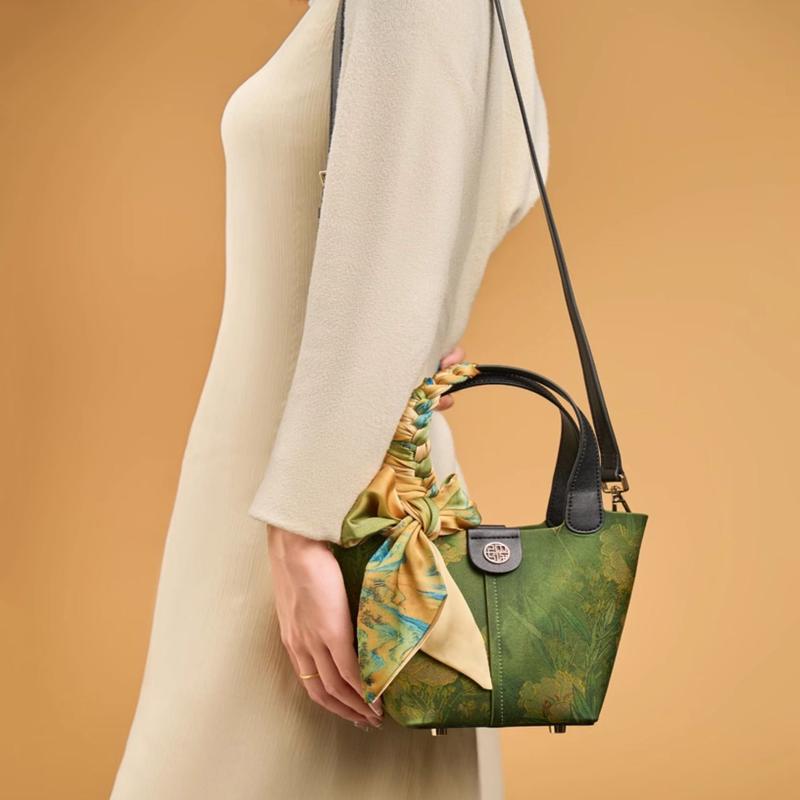 Silk Print Style Handbag Tote Versatile Green Chinese