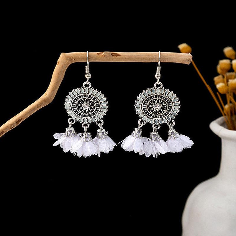 Earrings Zircon White Drop Floral Tassel Handmade Sterling Silver Chiffon White