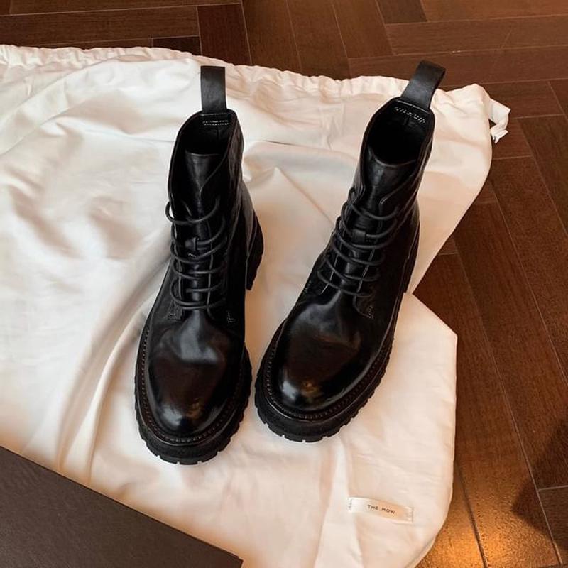 Short Lace-Up Leather Platform Plain Boots Genuine Black 40