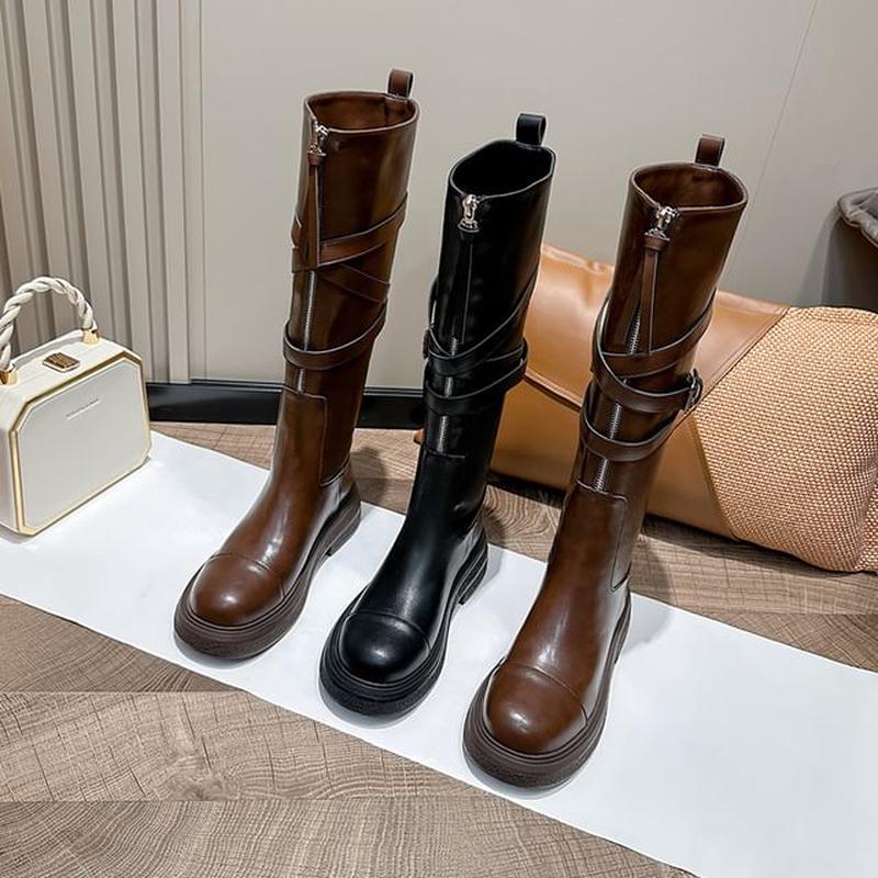 Buckled Boots Plain Zip-Up Leather Faux Tall Platform Normal Edition - Without Lining - Black 37