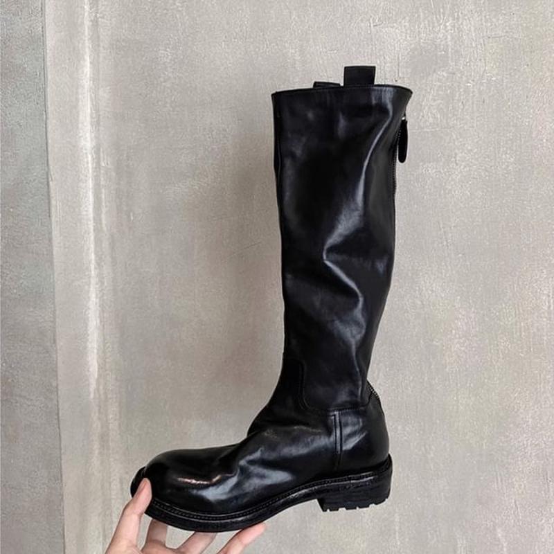 Zip-Up Genuine Boots Platform Plain Leather Tall Normal Edition - Without Lining - Black 39