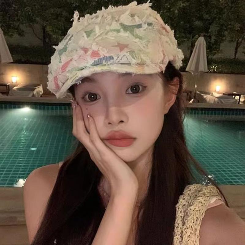 Cabbie Newsboy Hat Distressed Patchwork Star - Orange & Green & White One Size