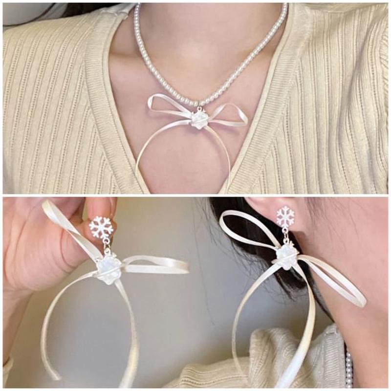 / Earring Snowflake Drop Ribbon Choker 1 Pair - Earrings - White One Size