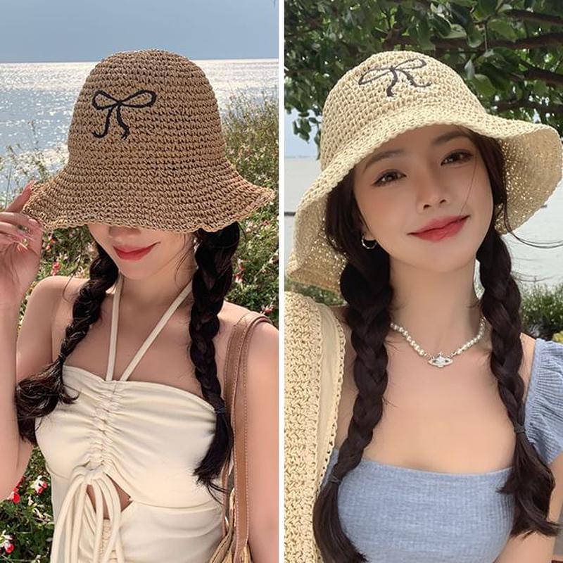 Embroidered Sun Straw Bow Hat Khaki One Size