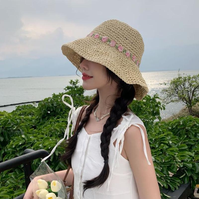 Embroidered Sun Straw Floral Hat Khaki One Size