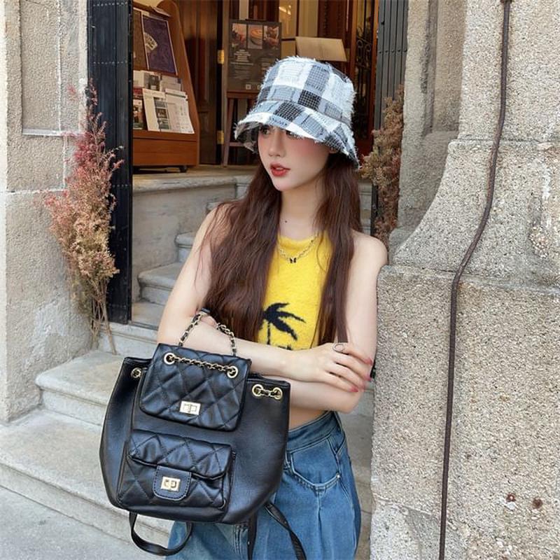 Patchwork Bucket Distressed Hat N866 - Bucket Hat - Blue & White One Size