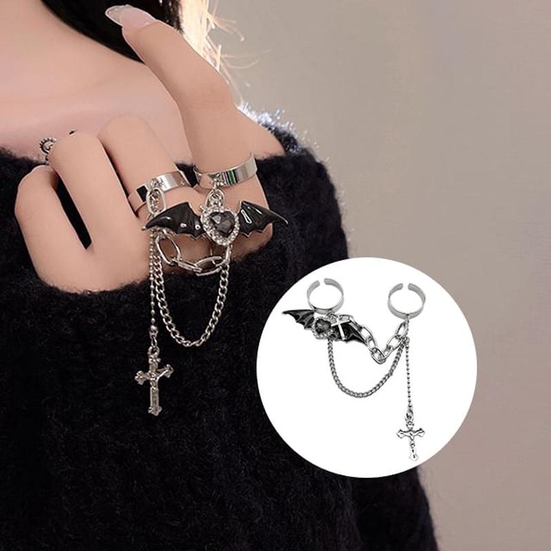 Alloy Cross Heart Bat Wing Ring Double