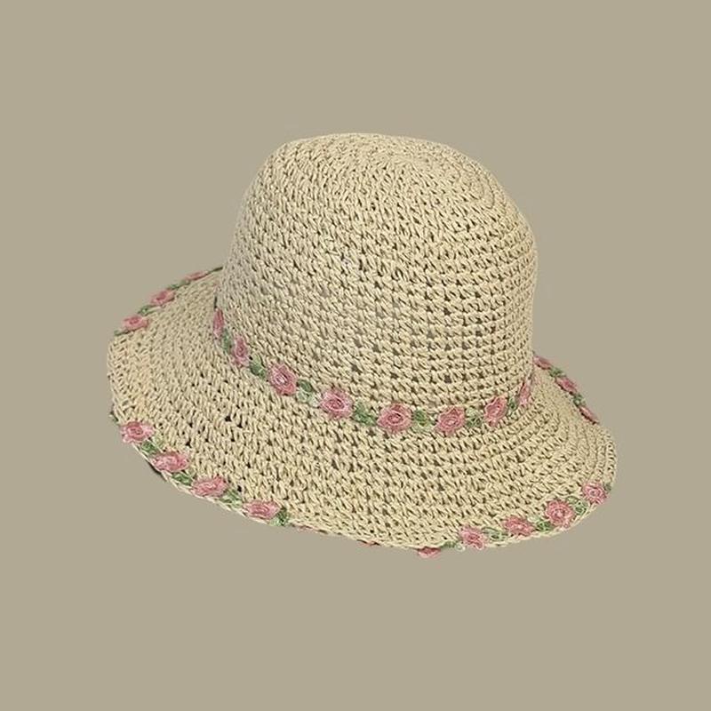 Straw Hat Embroidered Sun Floral N444 - Khaki One Size