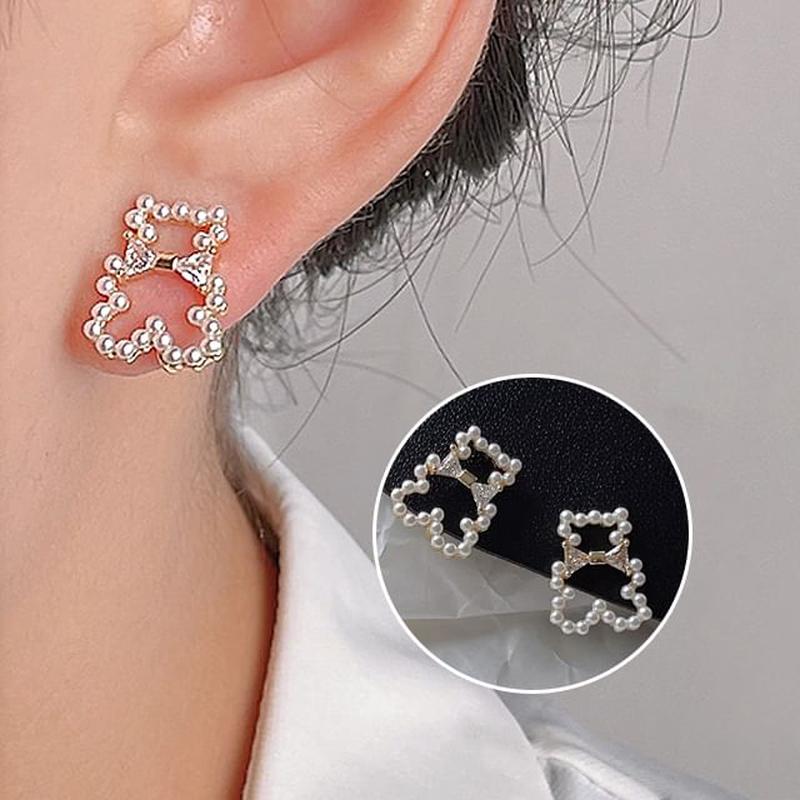 Earring Pearl Rhinestone Bear Clip-On Faux