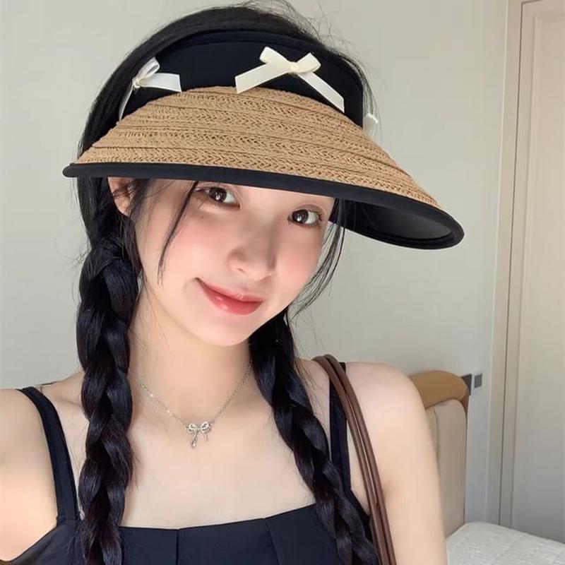 Hat Ribbon Straw Sun Piped Khaki One Size