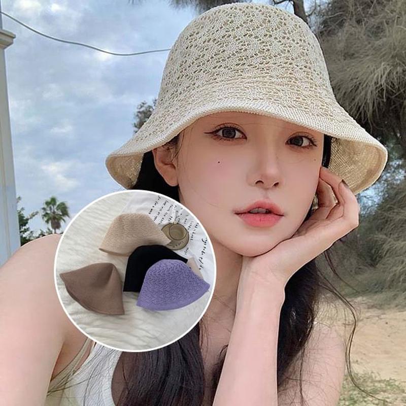 Cloche Plain Crochet Hat Beige One Size