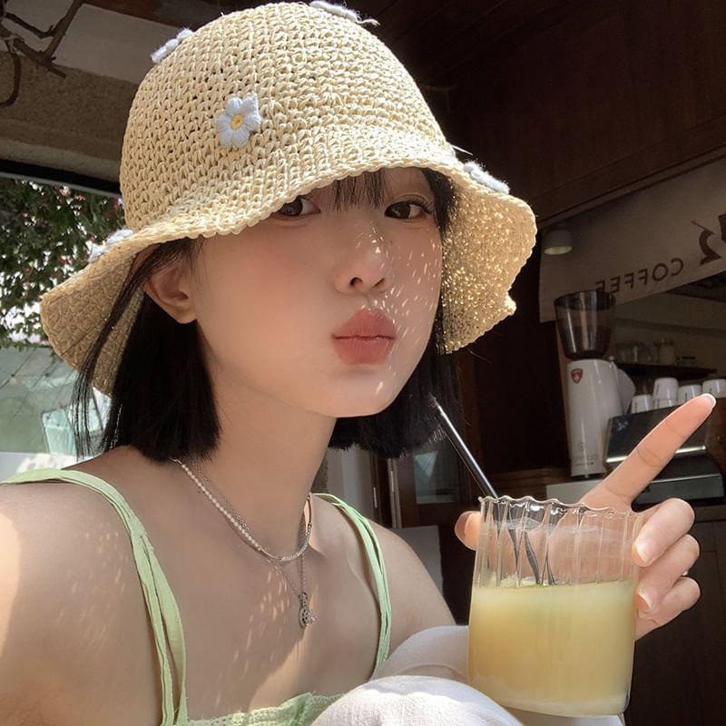 Bucket Straw Flower Hat Beige One Size