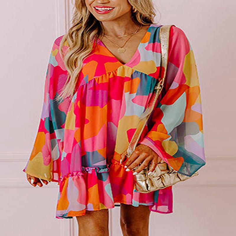 Chiffon Red Wrinkled Dresses Mid Boho Fall Print S(Fit for EU 38-40, US 6-8, UK/AU 10-12, IT 42-44)