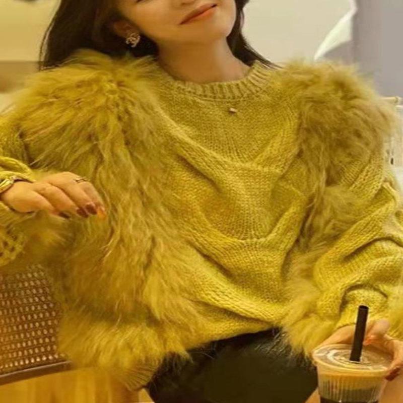 Knit Fluffy O-Neck Fall Sweaters Fashion Fur Fuzzy Cotton Cozy Yellow Grey S(Fit for EU 38-40, US 6-8, UK/AU 10-12, IT 42-44)